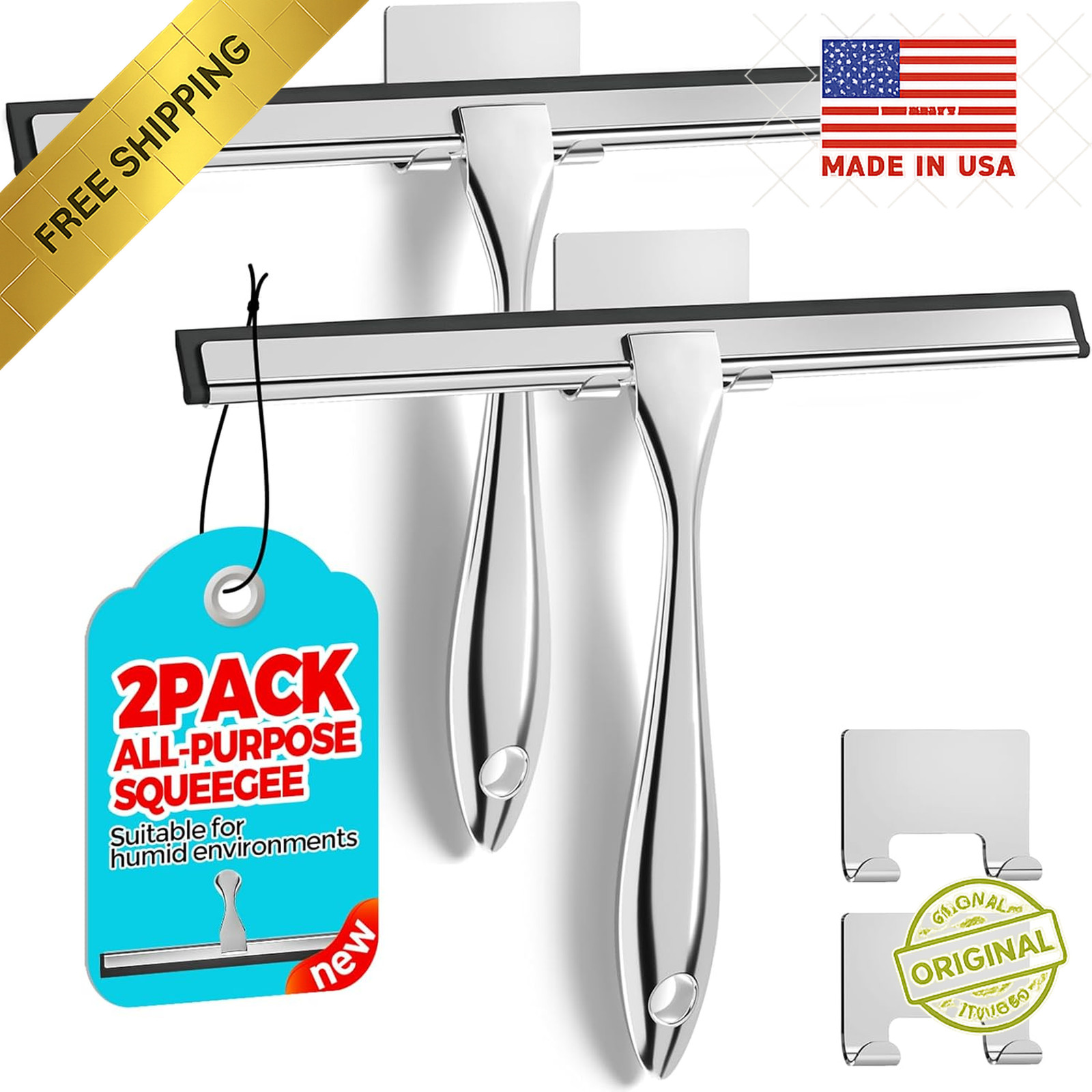 2 Pack 10in Shower Squeegee Stainless Steel Glass Window Cleaner Silver