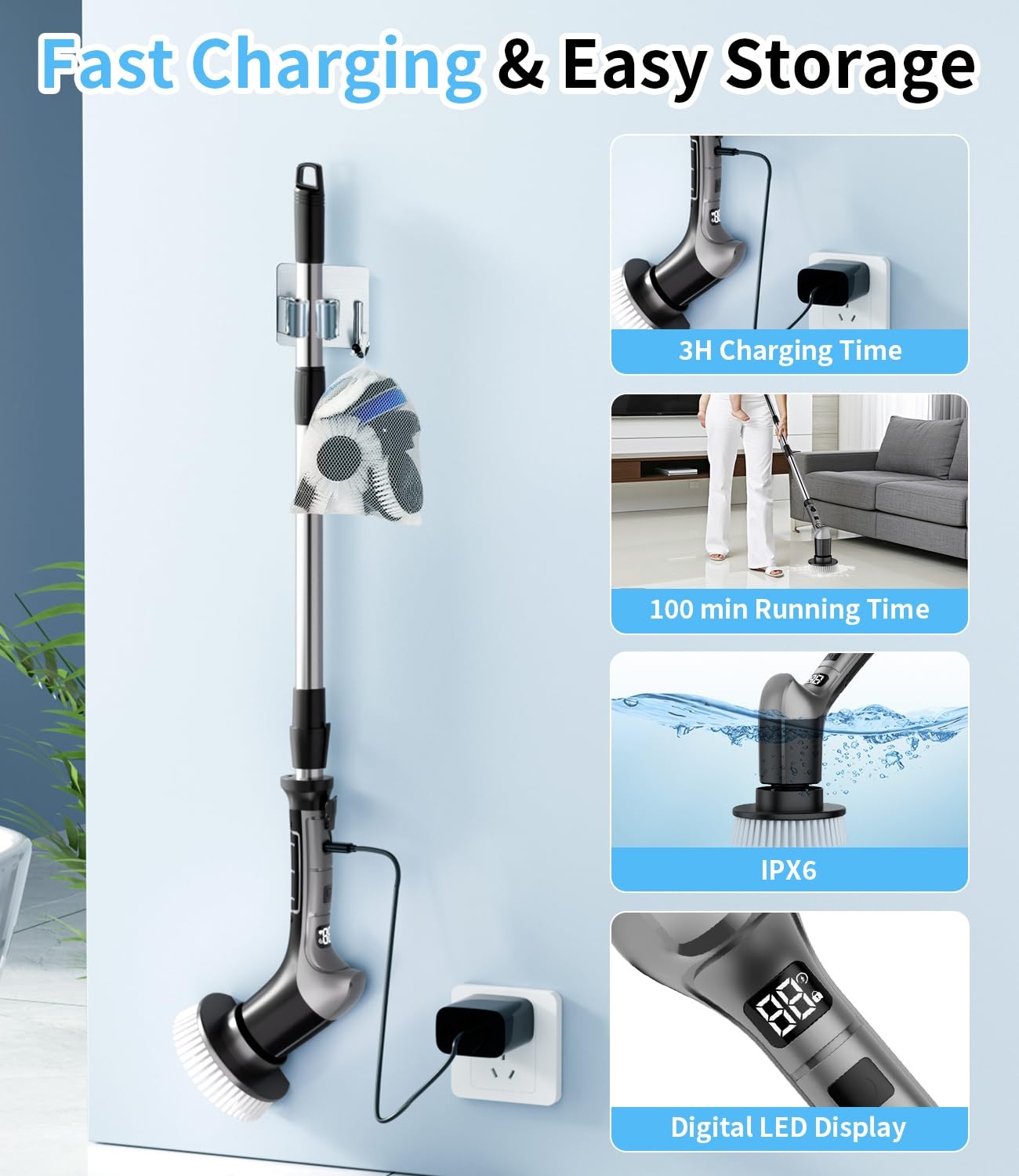 Electric Spin Scrubber with 3 Speed, Adjustable Extension Handle, 8 Brush Hea…