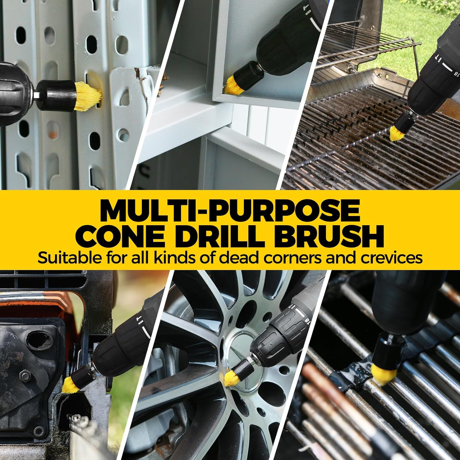 6 Piece Drill Brush with Multi-Purpose & Grout Head,Crevice Cleaning Brush，3/4”W