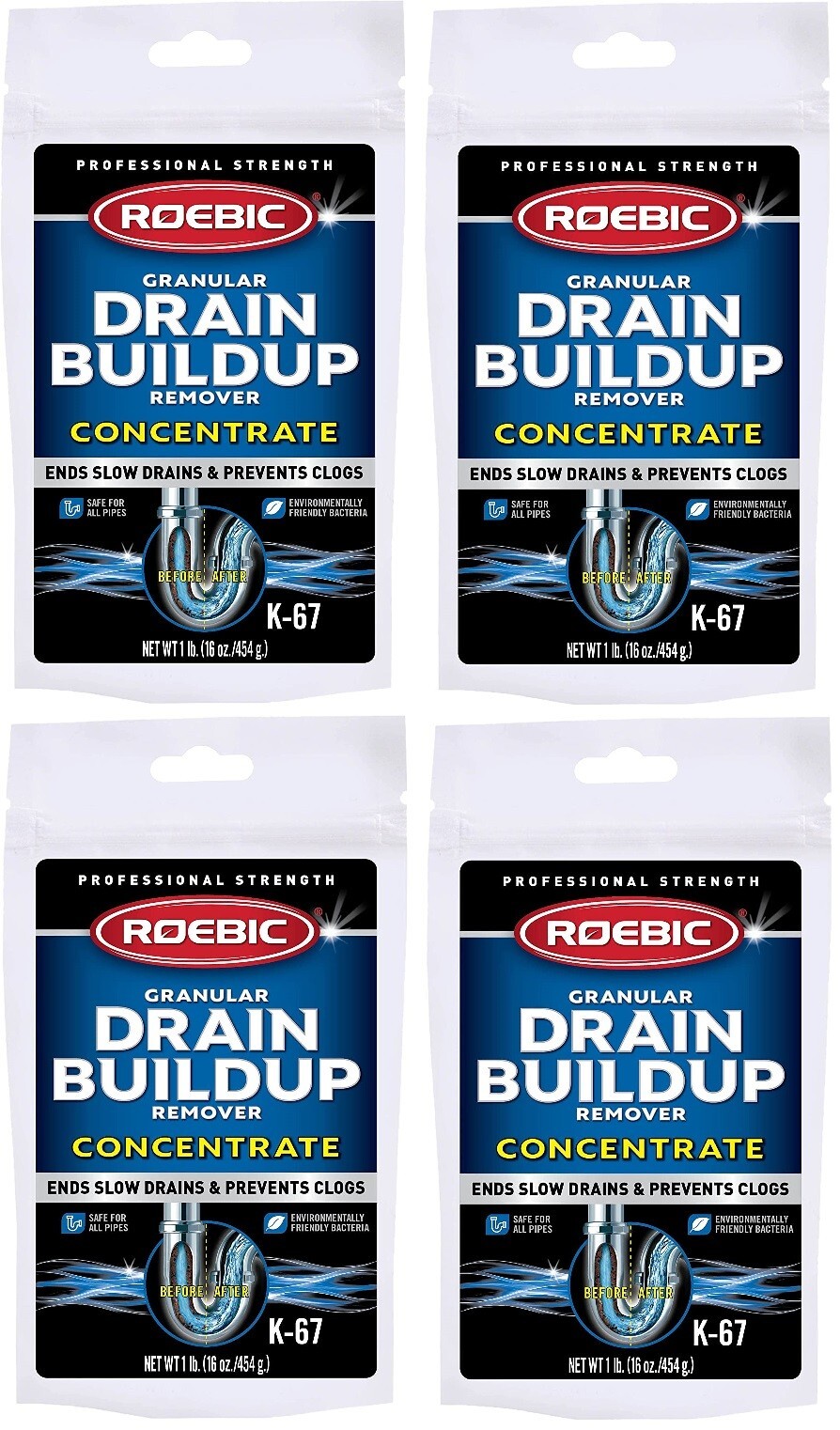 Roebic K-67 16 oz Granular Drain Buildup & Trap Cleaner – Pack of 4