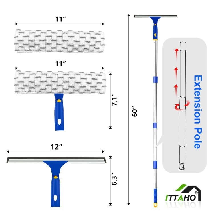 Window Squeegee with Extension Pole, Separate 12″ Squeegee & 11″ Microfiber S…