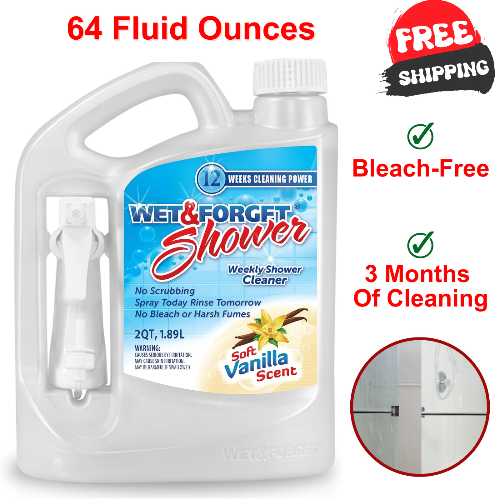 Weekly Shower Cleaner, Vanilla Scent, Bathroom Cleaners, No Scrubbing, 64 Fl Oz