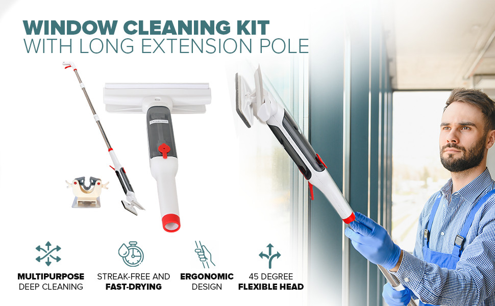 Window Cleaner with Front and Rear Cleaners + Expandable Sprayer – Window Vacuum
