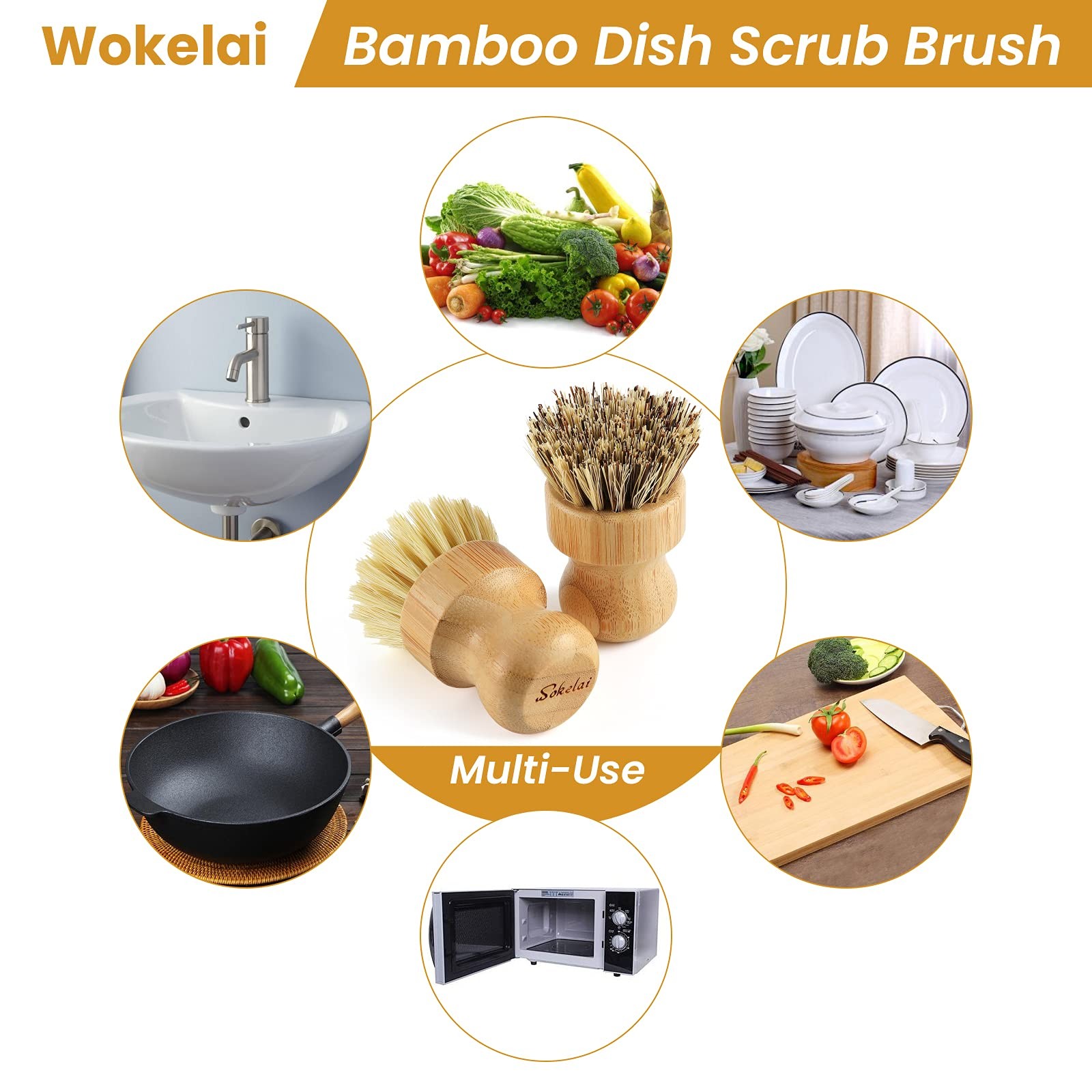 Bamboo Dish Scrub Brushes Set for Kitchen – Wooden Cleaning Scrubbers Brushes E