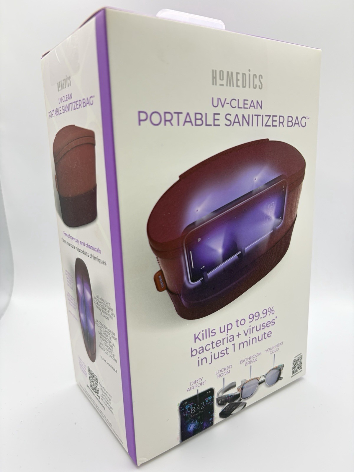 NIB HoMedics UV-CLEAN Portable Sanitizer Bag Rechargeable UV-C LED Red SAN-B100