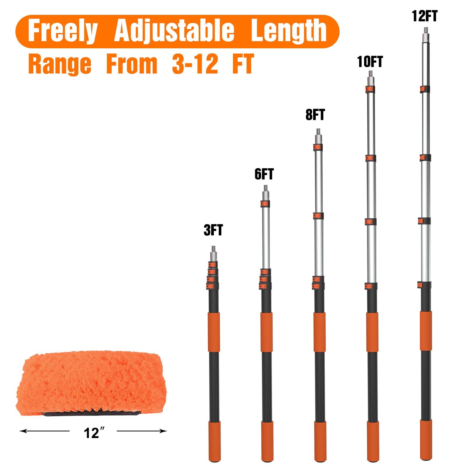 12FT Car Wash Brush Kit Long Handle, Soft Bristles, Mop, Squeegee & Mitt