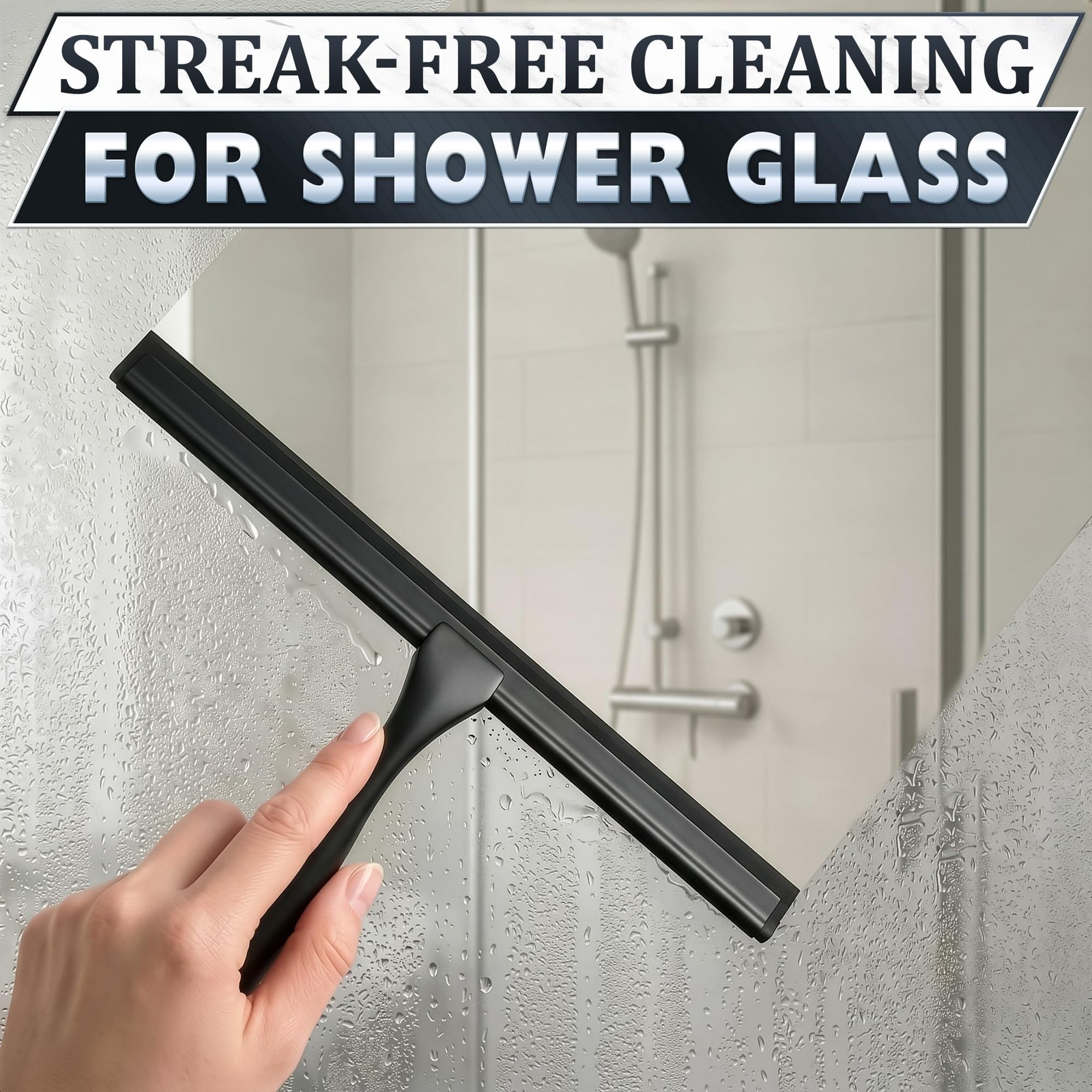 Shower Door Squeegee with Hook 10″ Silicone Blade, Stainless Steel Black Squ…