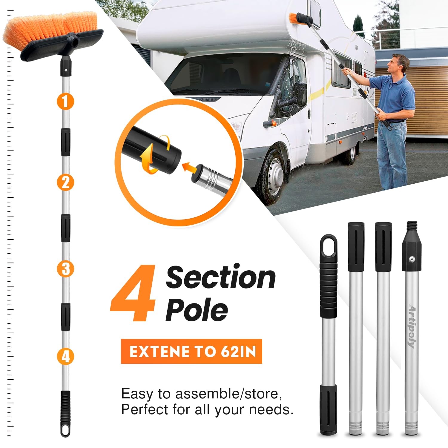 65″ Car Wash Brush with Extension Pole, Car Wash 10” Dip Soft Brush, No Scratch