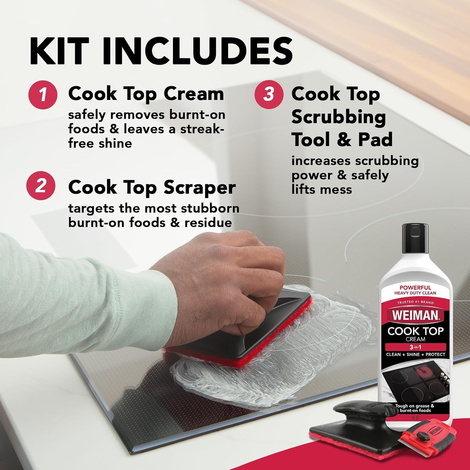 Weiman Glass & Ceramic Cooktop Cleaning Cream with Scrubbing Tools – 10 Oz