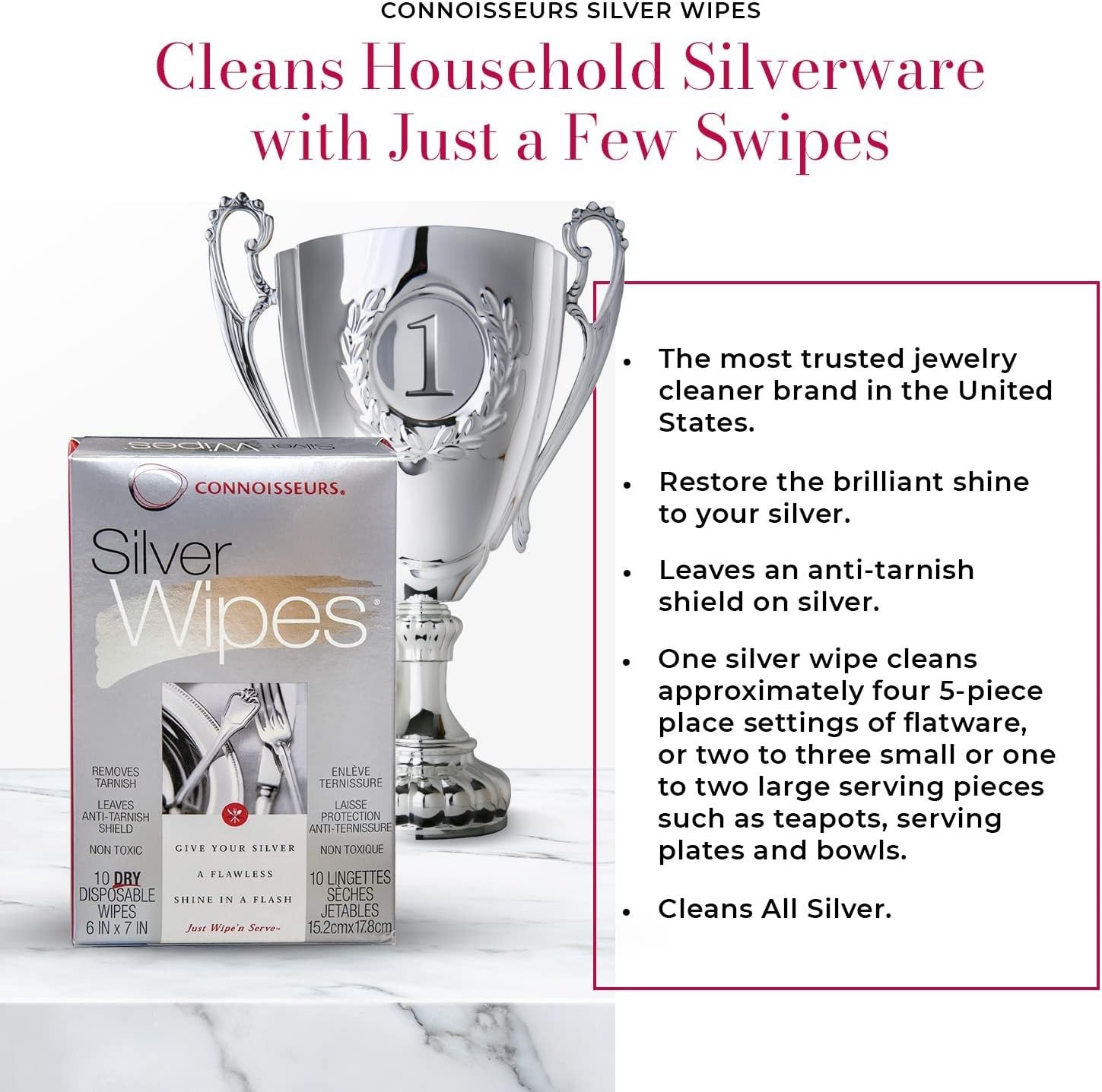 Connoisseurs Silver Cleaner Wipes – 10 Pack for Jewelry & Tableware – Easy Ta…
