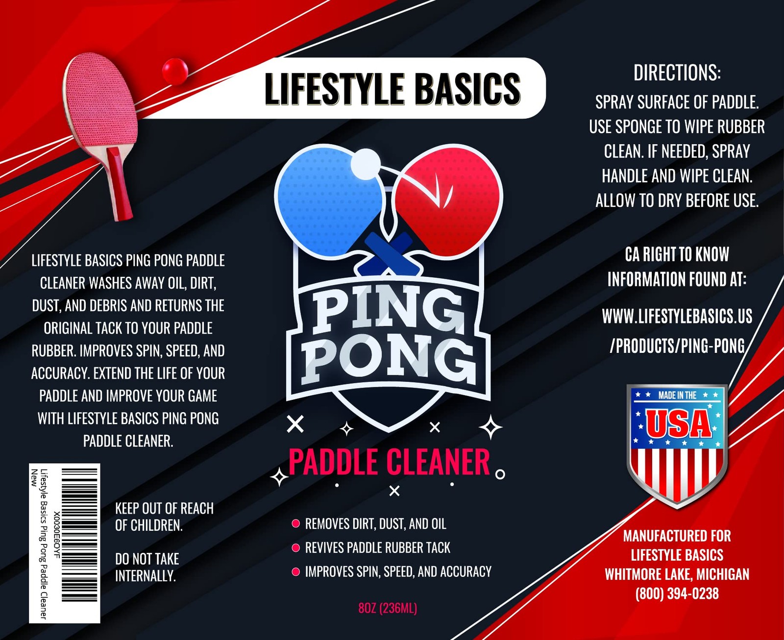 Table Tennis Paddle Cleaner 8oz (236ml) Ping Pong Racket Rubber and Wood Clea…