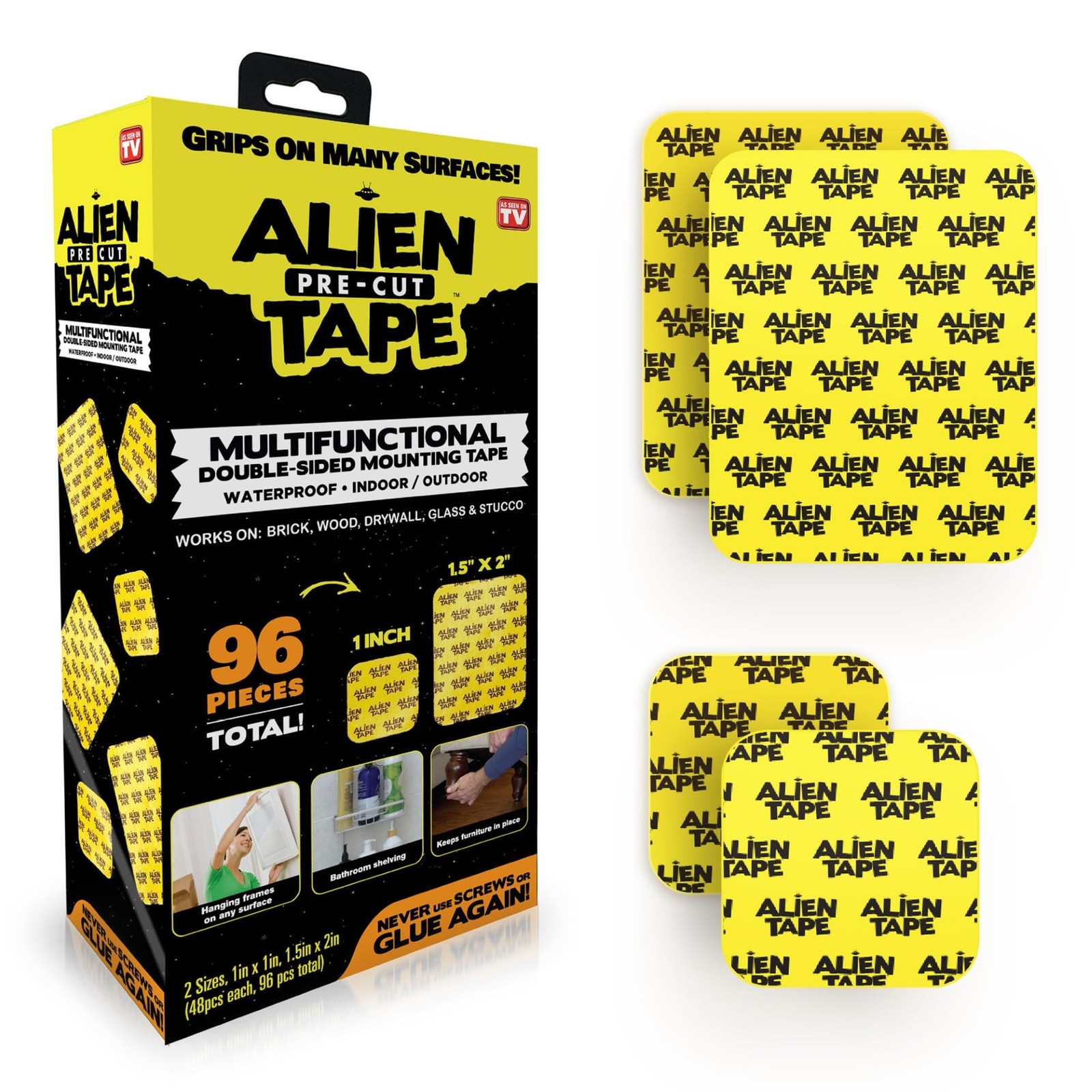 Alien Tape 96 Piece Pre-Cut Double Sided Adhesive Mounting Strips Transparent