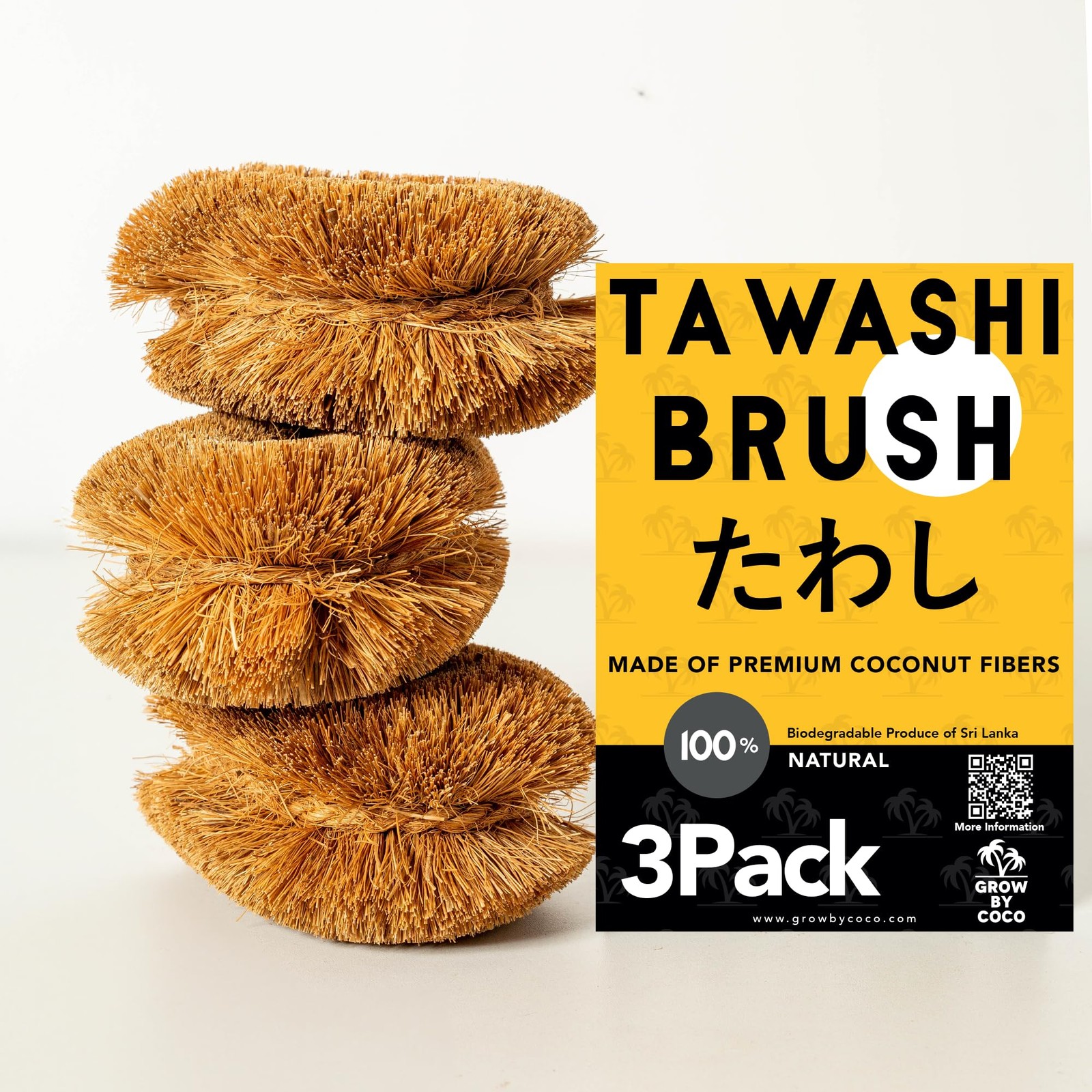 Pack of 3 Tawashi Vegetable Scrub Brush,100% Natural Coconut Coir Fiber Veget…