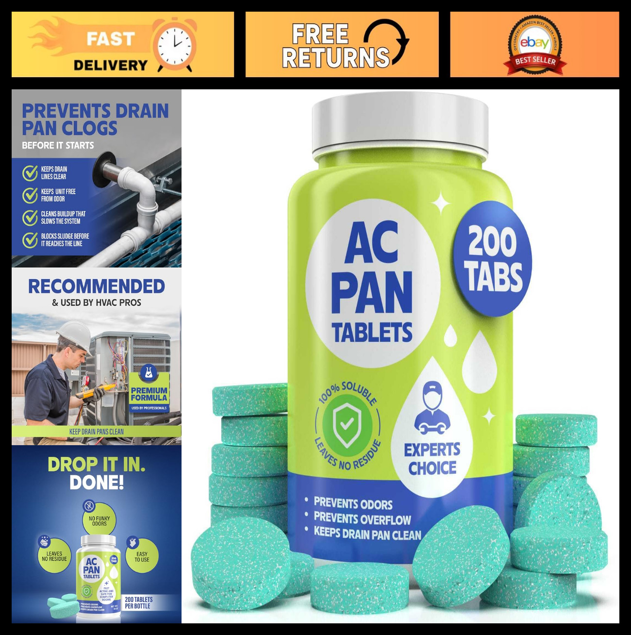 200 Tablets AC Drain Line Cleaner – Fast-Acting, No-Residue, Water-Soluble HVAC