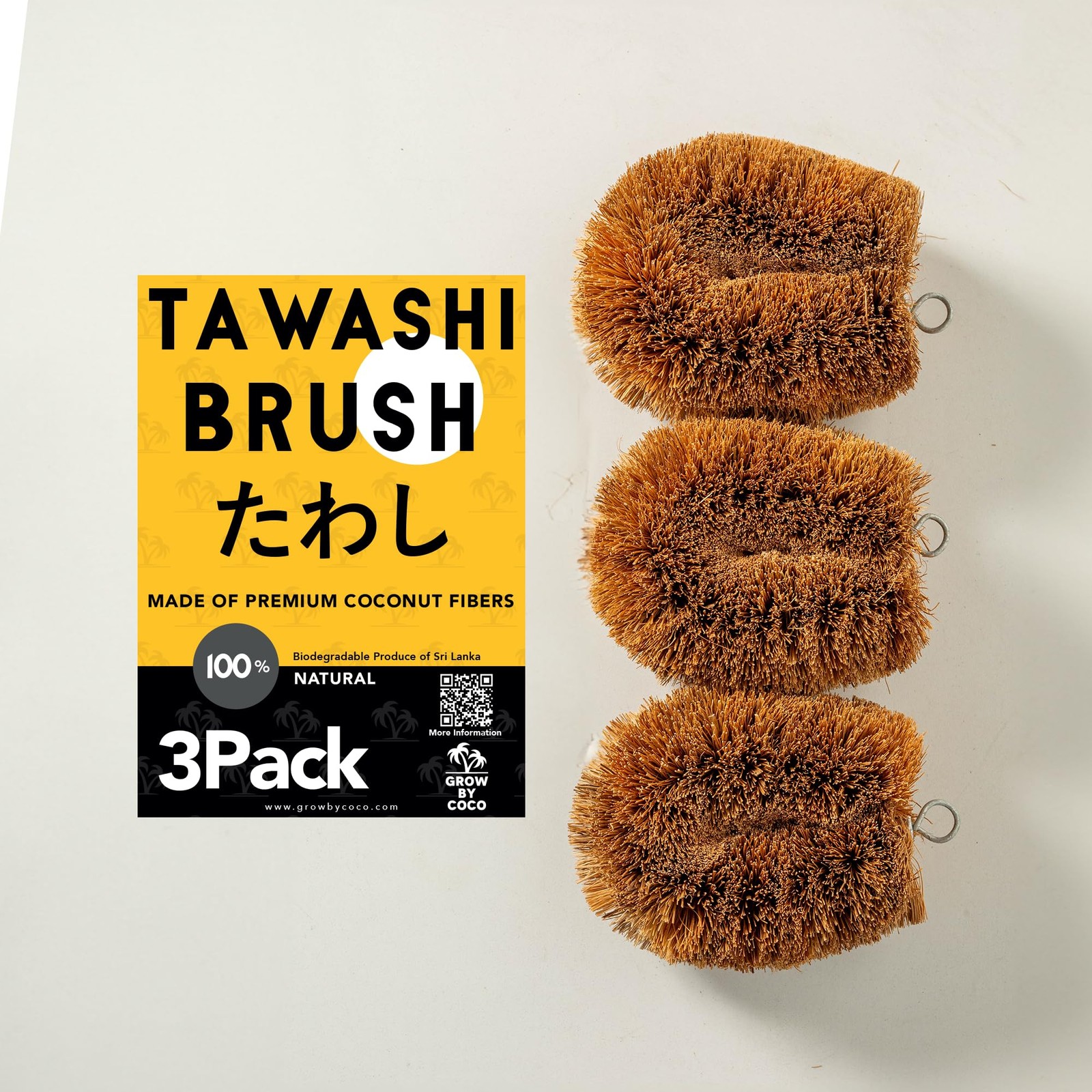 Pack of 3 Tawashi Vegetable Scrub Brush,100% Natural Coconut Coir Fiber Veget…