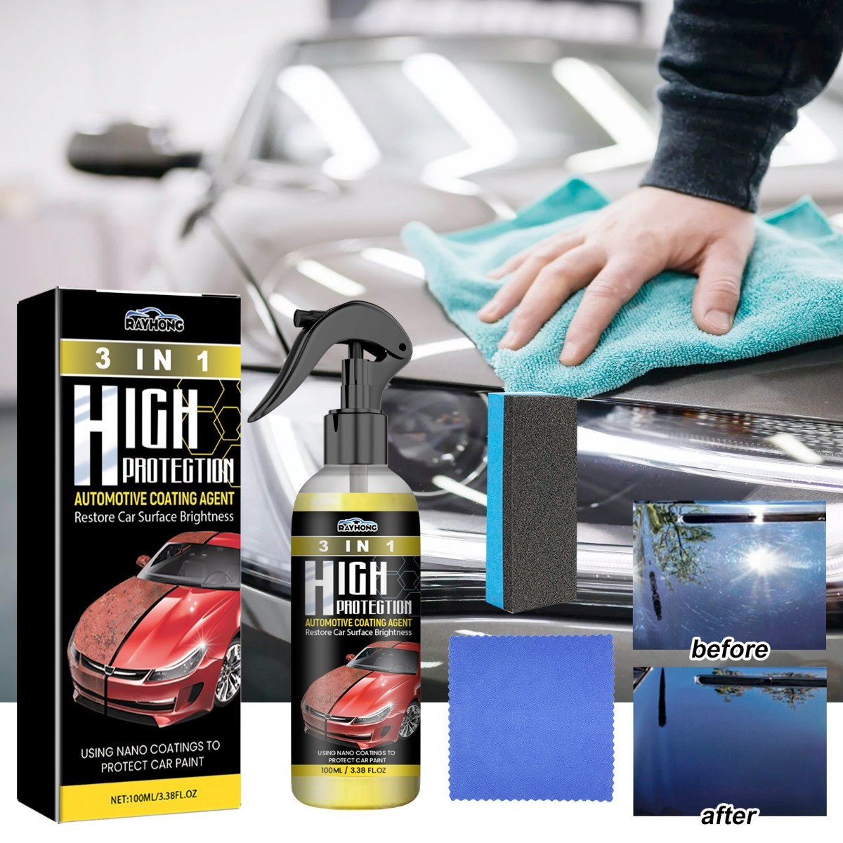 3-in-1 Yellow Car Coating Polish & Scratch Remover, Teflon Protectant for Paint