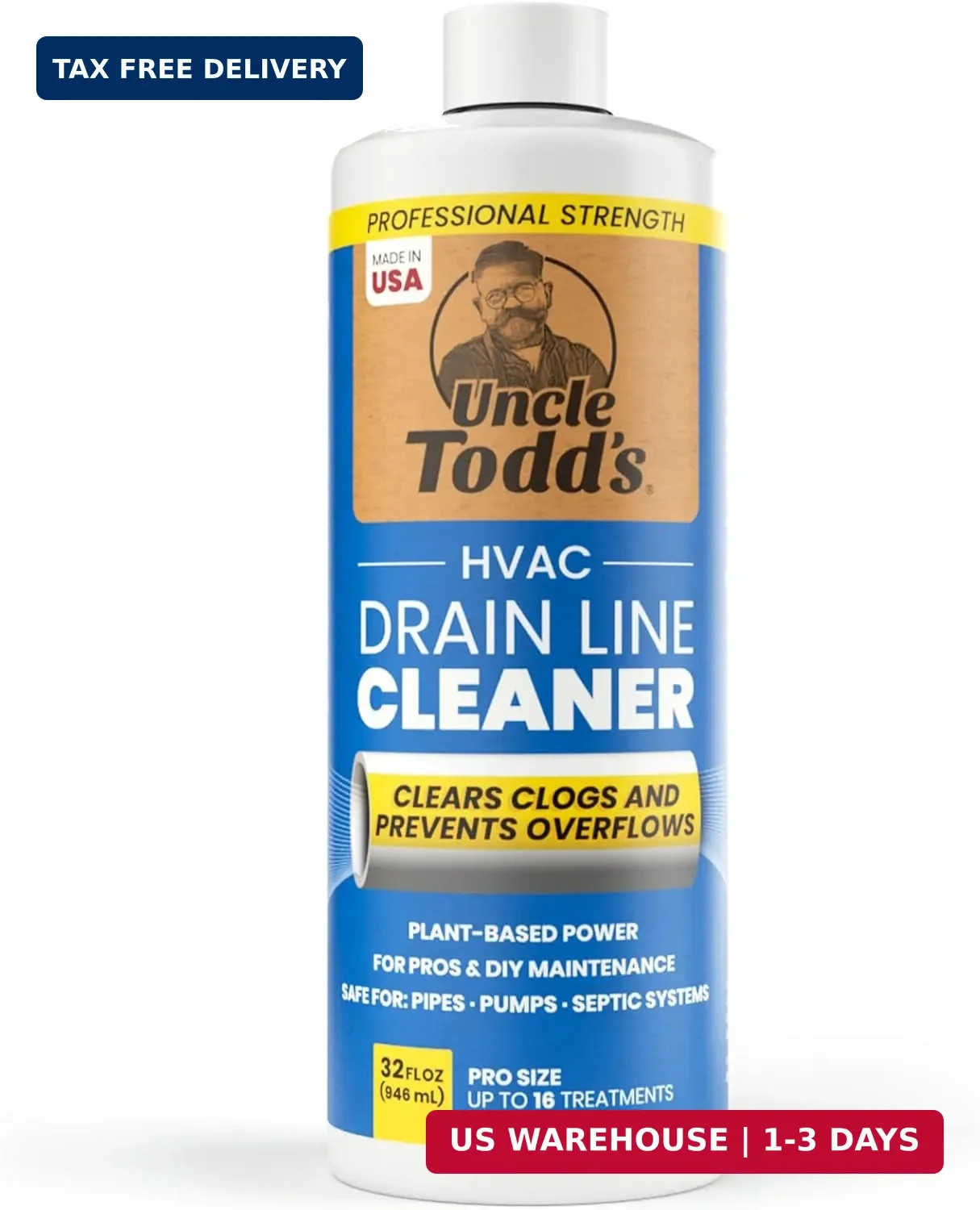 Uncle Todd’s HVAC Drain Line Cleaner – 16 Months Supply Bleach-Free, Fast-Acting