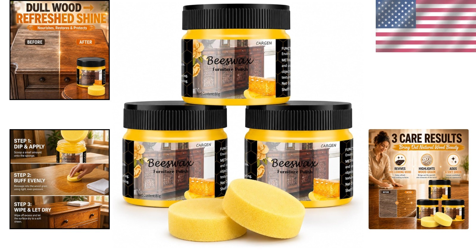 Beeswax Wood Polish – Restore and Enhance Shine for Antique Furniture, 3PC Set