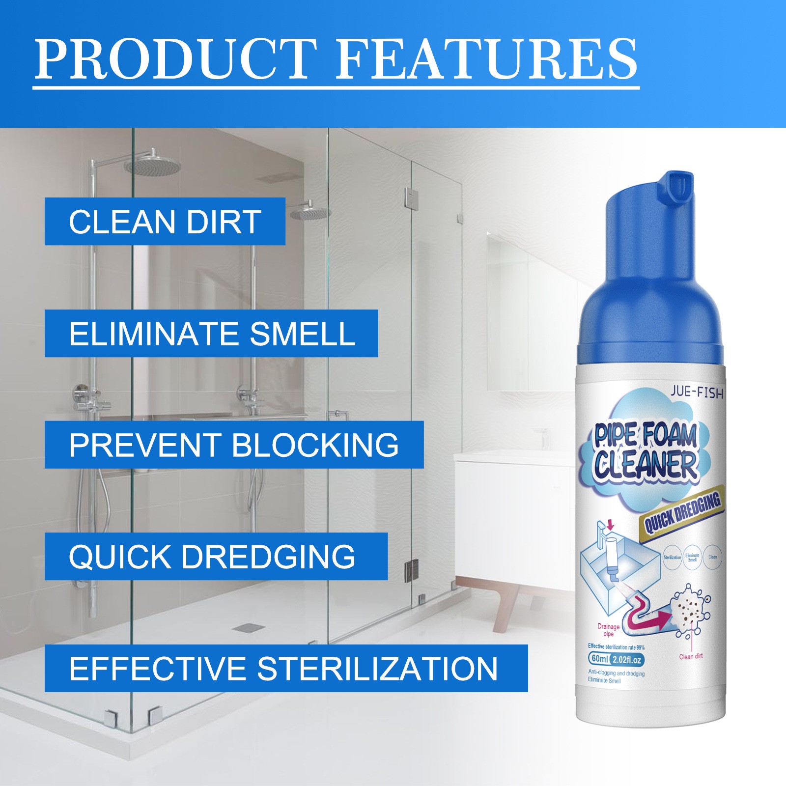 Foaming Drain Cleaner,For Bathroom Kitchen Sink Overflow Fast Clog Removal 60ml
