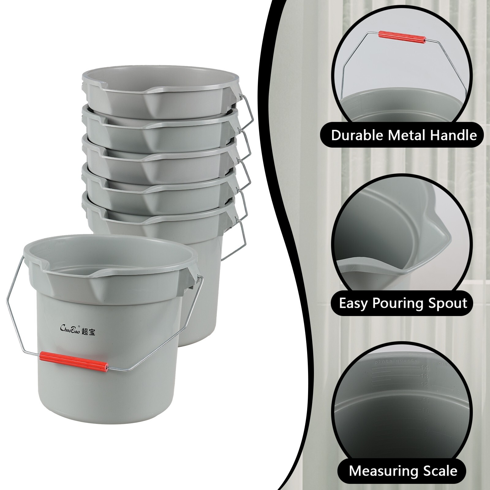 4/6 Pack 14 Qt Commercial Cleaning Pail w/ Handle, Heavy Duty Round Utility Pail