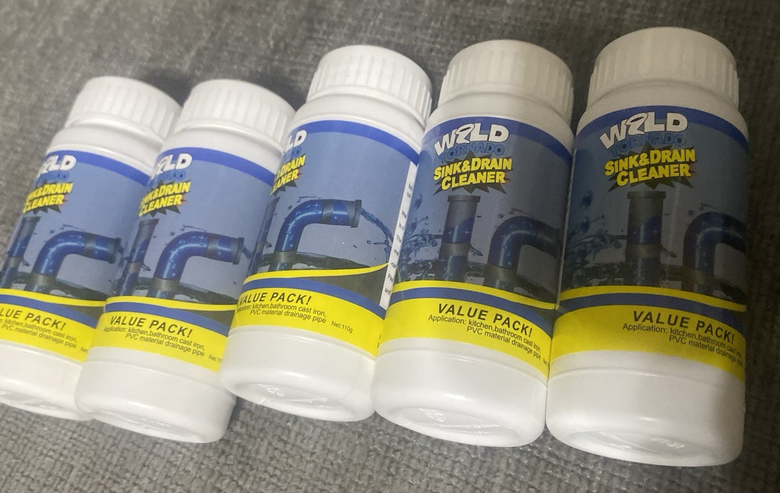 5 PCs. Btls.WILD TORNADO SINK & DRAIN CLEANER 110grams,expiration 02/24/2026