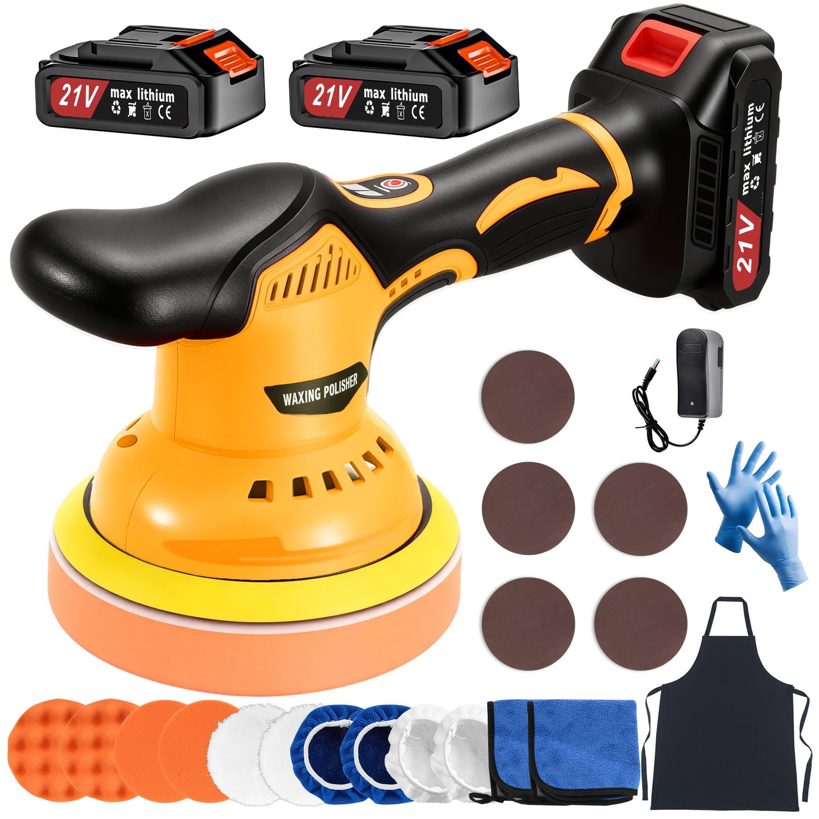 Cordless Car Buffer Polisher 6 Inch 2x21V Batteries 21 PCS 8-Speed Max 6000RPM