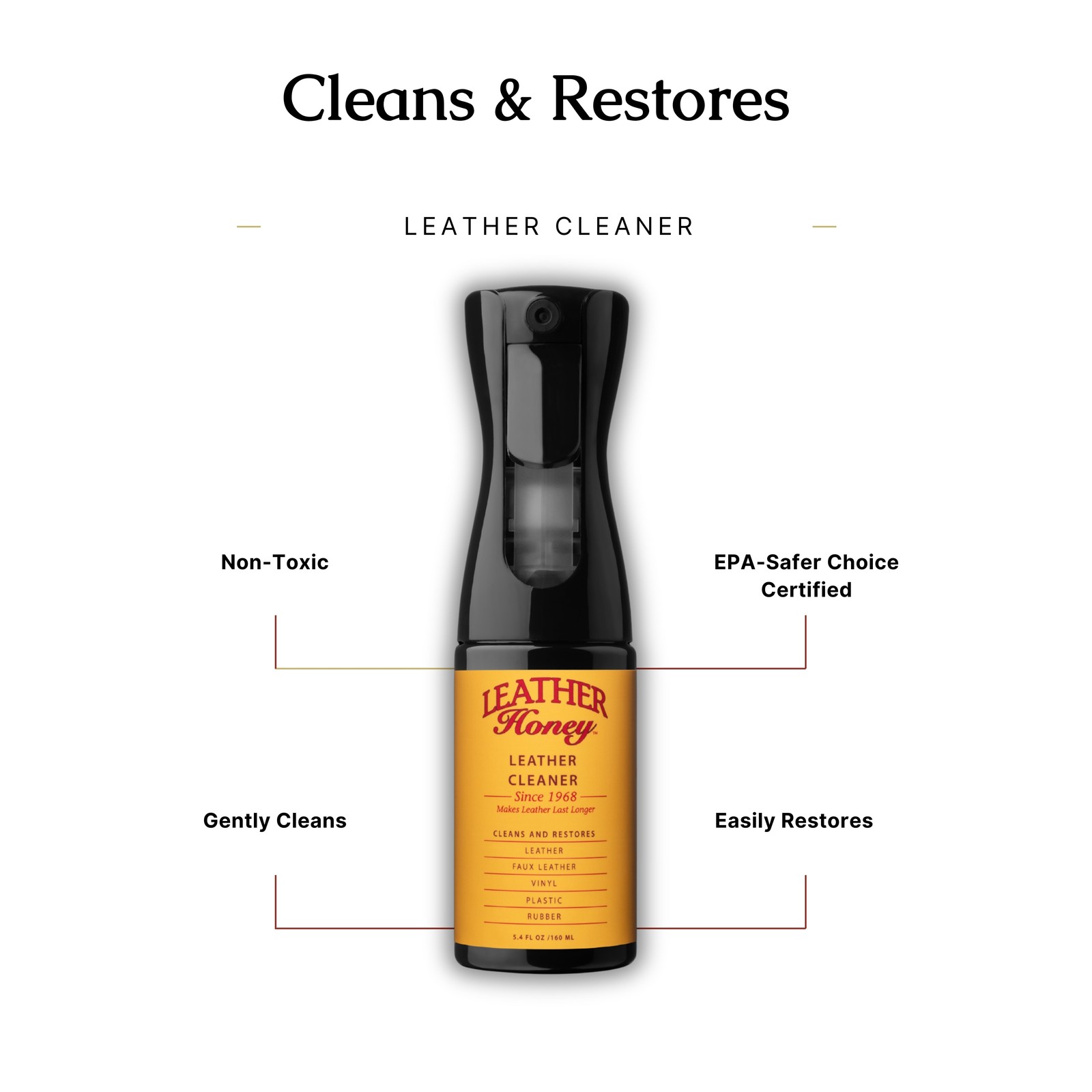 Leather Honey Leather Cleaner, pH Balanced, Non-Toxic, 5.4 oz Spray Bottle, 1 Ct