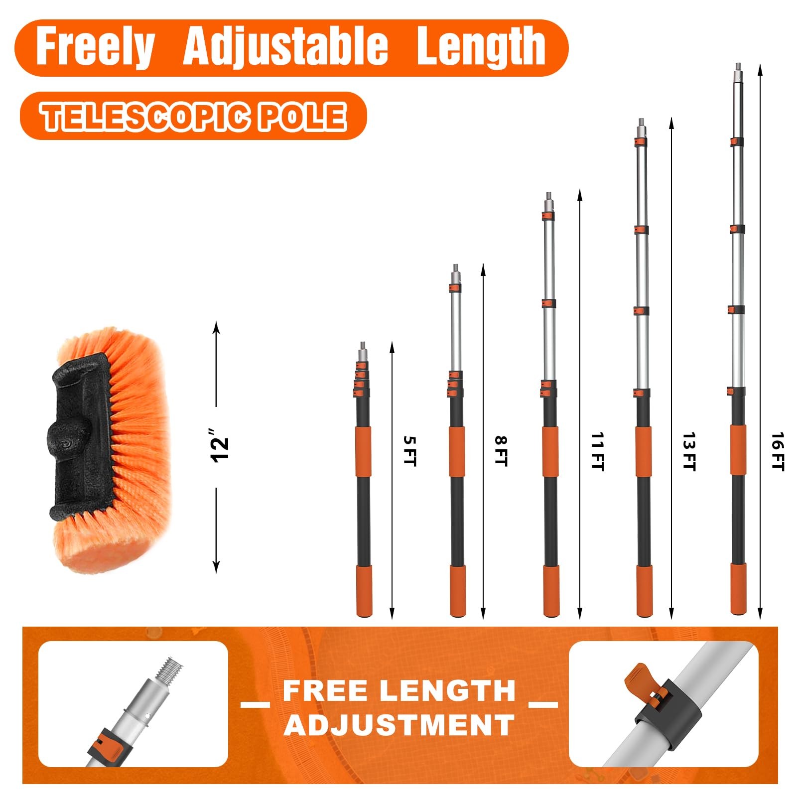 16FT Car Wash Brush Kit – Long Handle Soft Bristle, Squeegee, Microfiber Mop