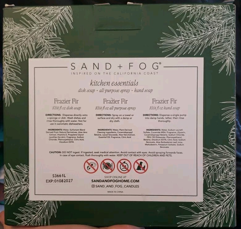 Sand + Fog FRAZIER FIR Kitchen Essentials 3 Piece Gift Set 10 Oz. Each Soap/Spra