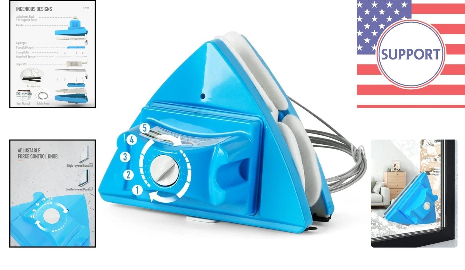 Adjustable Double Window Cleaner with Safety Rope – Ideal for High-Rise and Cars