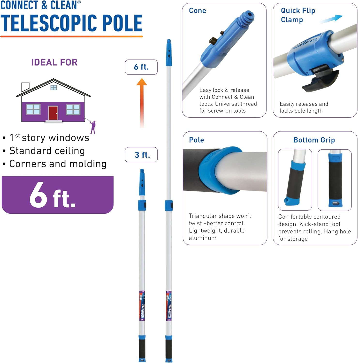 Professional Connect & Clean 3’-6’ Aluminum Telescopic Extension Pole with Locki