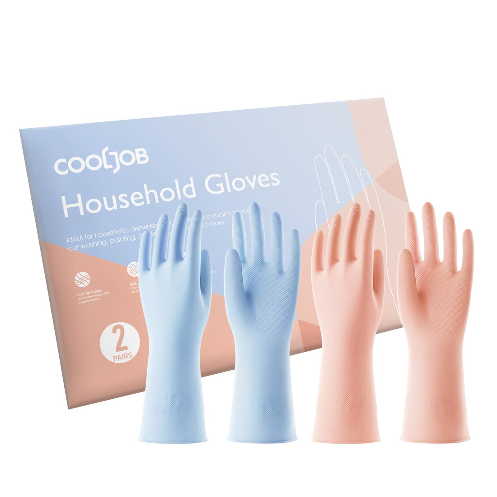 COOLJOB 2 Pairs Thickened Rubber Gloves Medium (Pack of 2), Orange & Blue