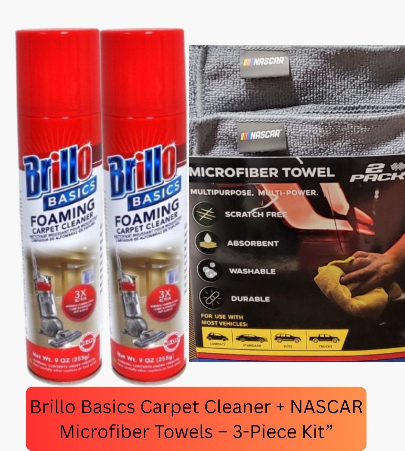 “Brillo Basics Carpet Cleaner x2 + NASCAR Microfiber Towels x2 – 3-Piece Set”