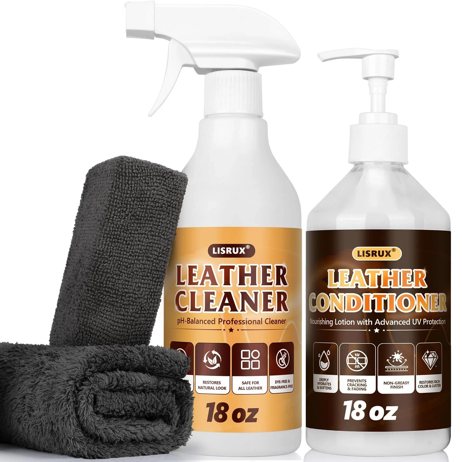 LISRUX Leather Cleaner and Conditioner Kit – 18 oz Bottles + Buffer & Towel