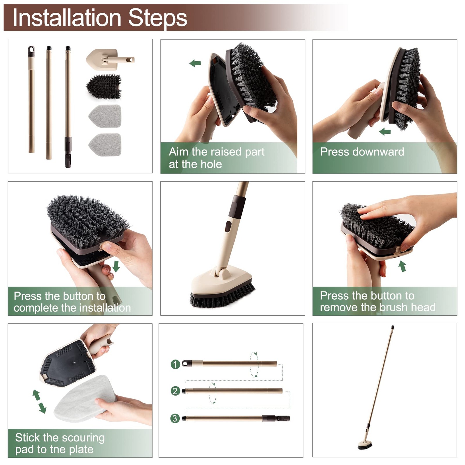 Shower Scrubber with Long Handle, 2 Type Head, Tile Tub Scrub Brush