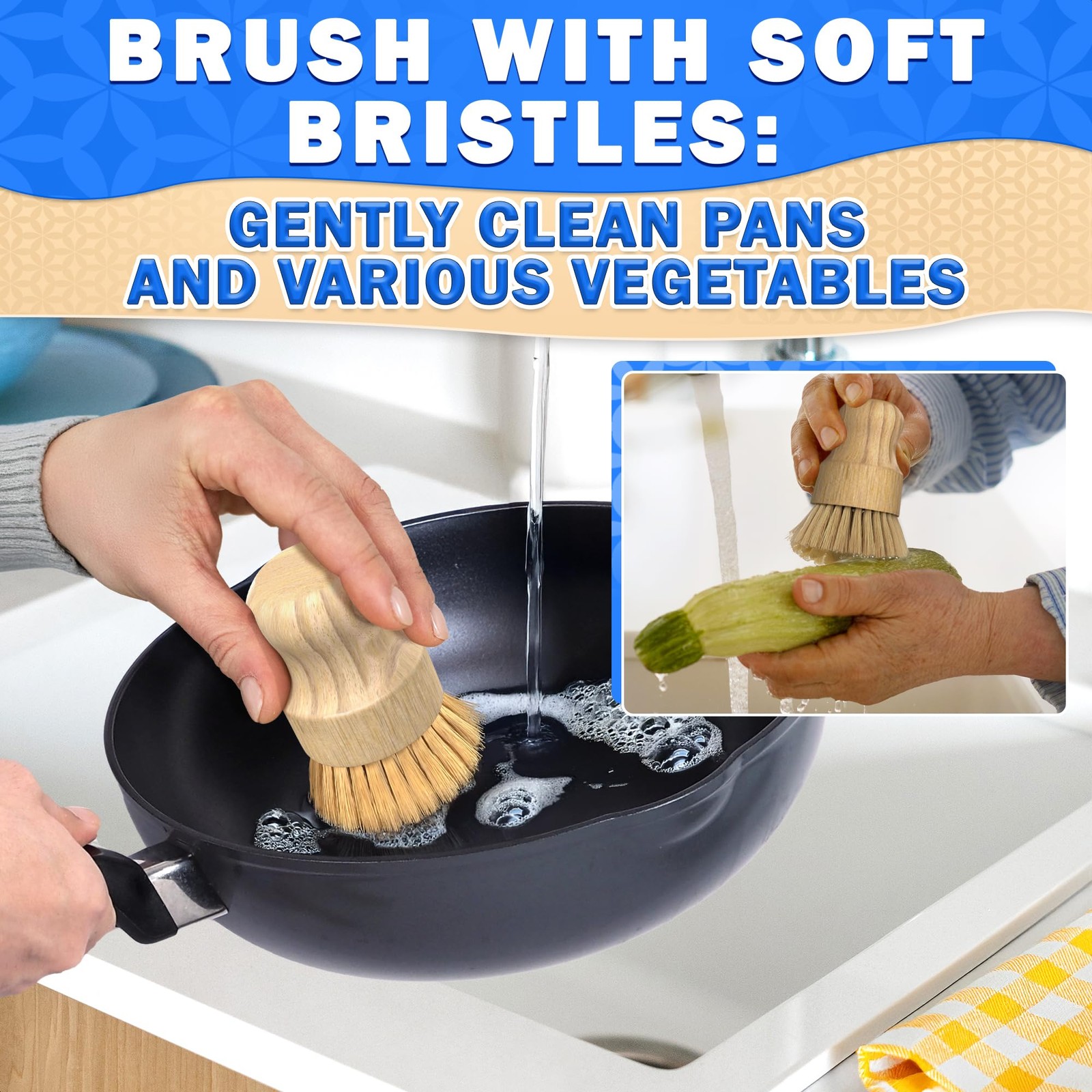 Bamboo Dish Brush Set Scrubber Soft Stiff Bristles 5PK Eco Friendly