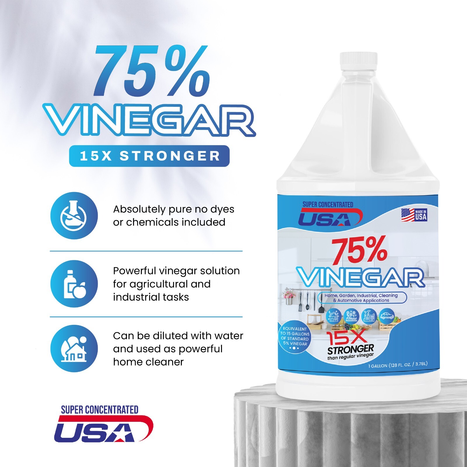 Super Concentrated USA 75% Pure Vinegar – Dilutes to 15 Gallons – 15x Power