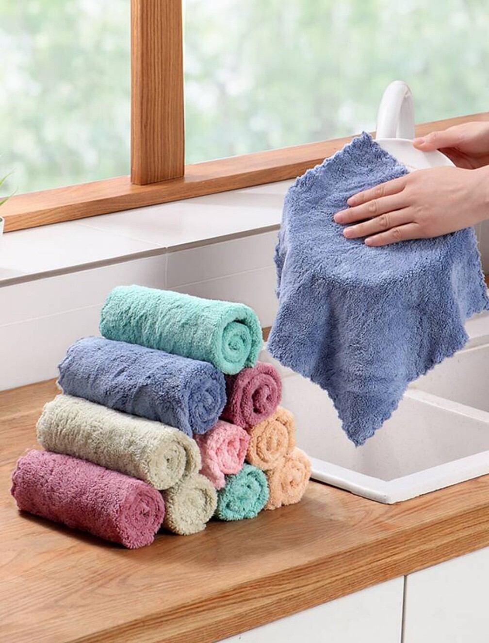 Set of 10 Household Thickened Kitchen Rags Towel Bale in Multicolor Coral Fleece