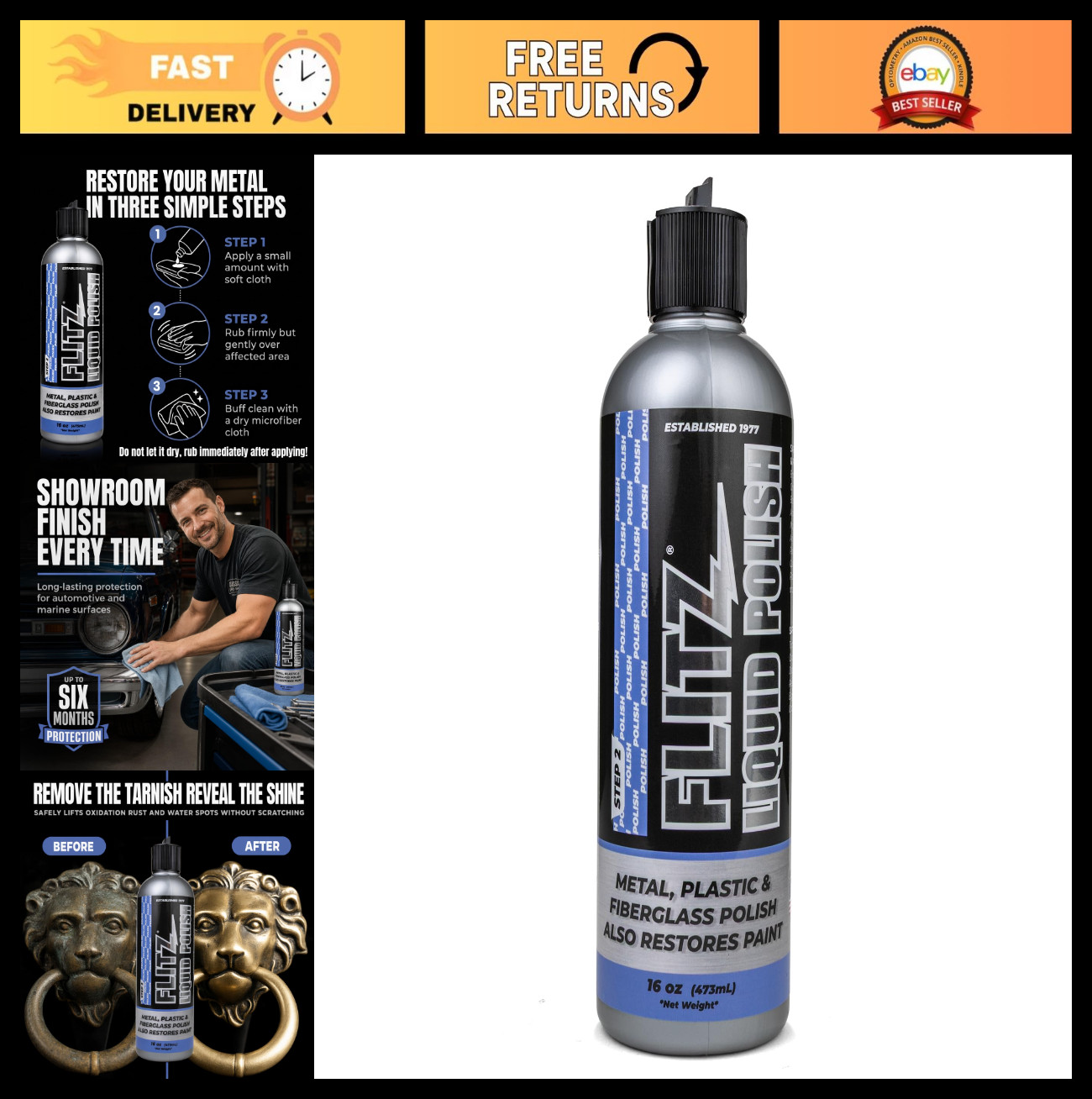 Multi-Purpose Metal Polish Liquid 16oz – Tarnish Remover for Aluminum, Chrome, B