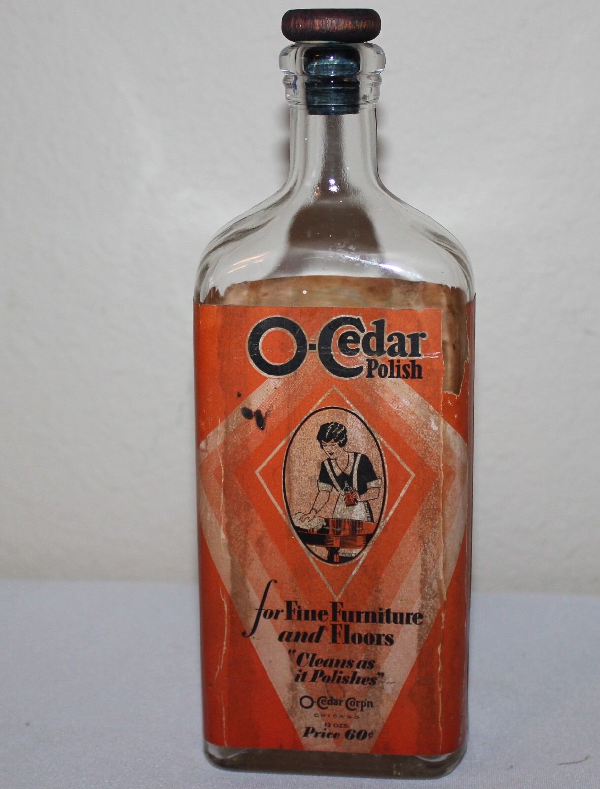 Antique O-CEDAR Polish Glass Bottle Paper Lable Wood Stopper Cap Advertising