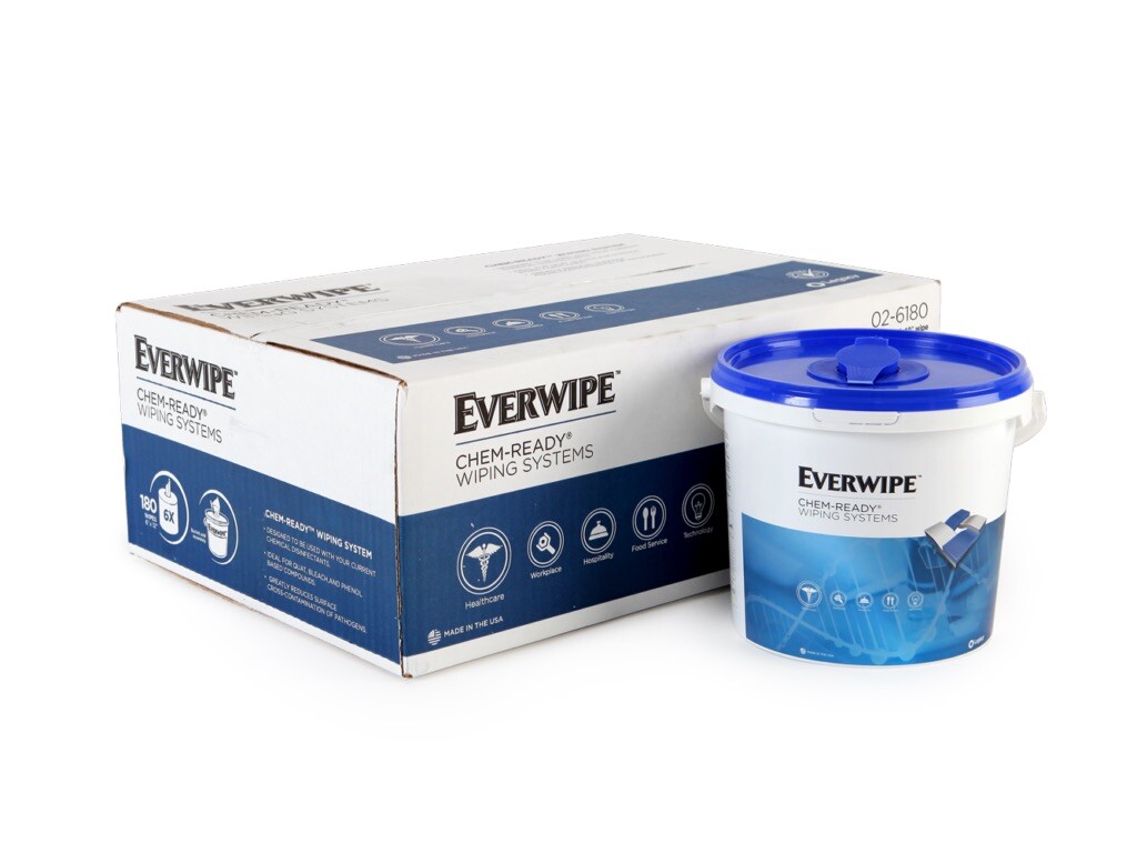 Everwipe Chem-Ready Hybrid Wiping System, Includes Bucket & 5 Rolls Dry Wipes