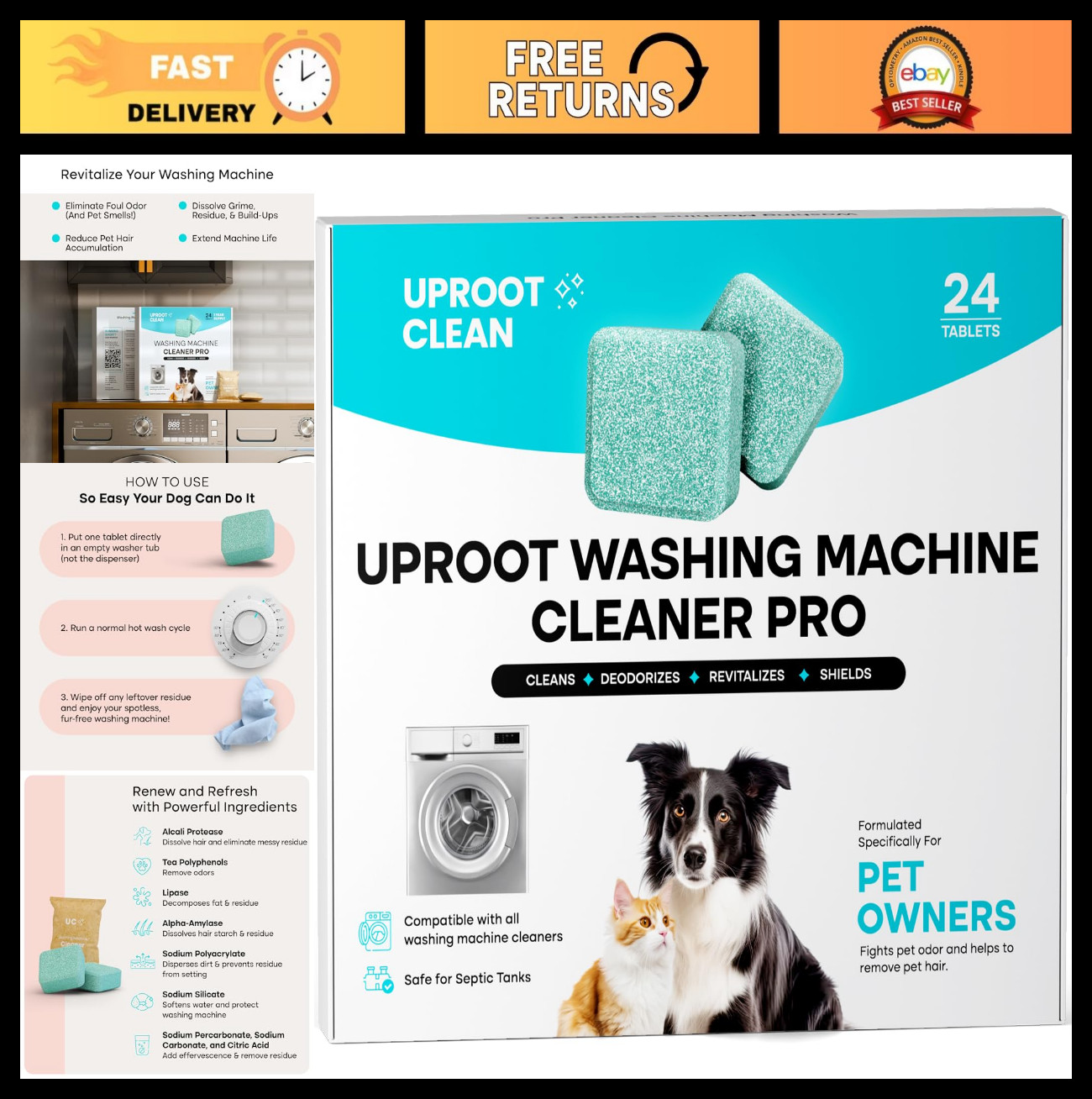 Washing Machine Cleaner Tablets – 24 Pack, Pet Friendly, HE & Front Load Compati