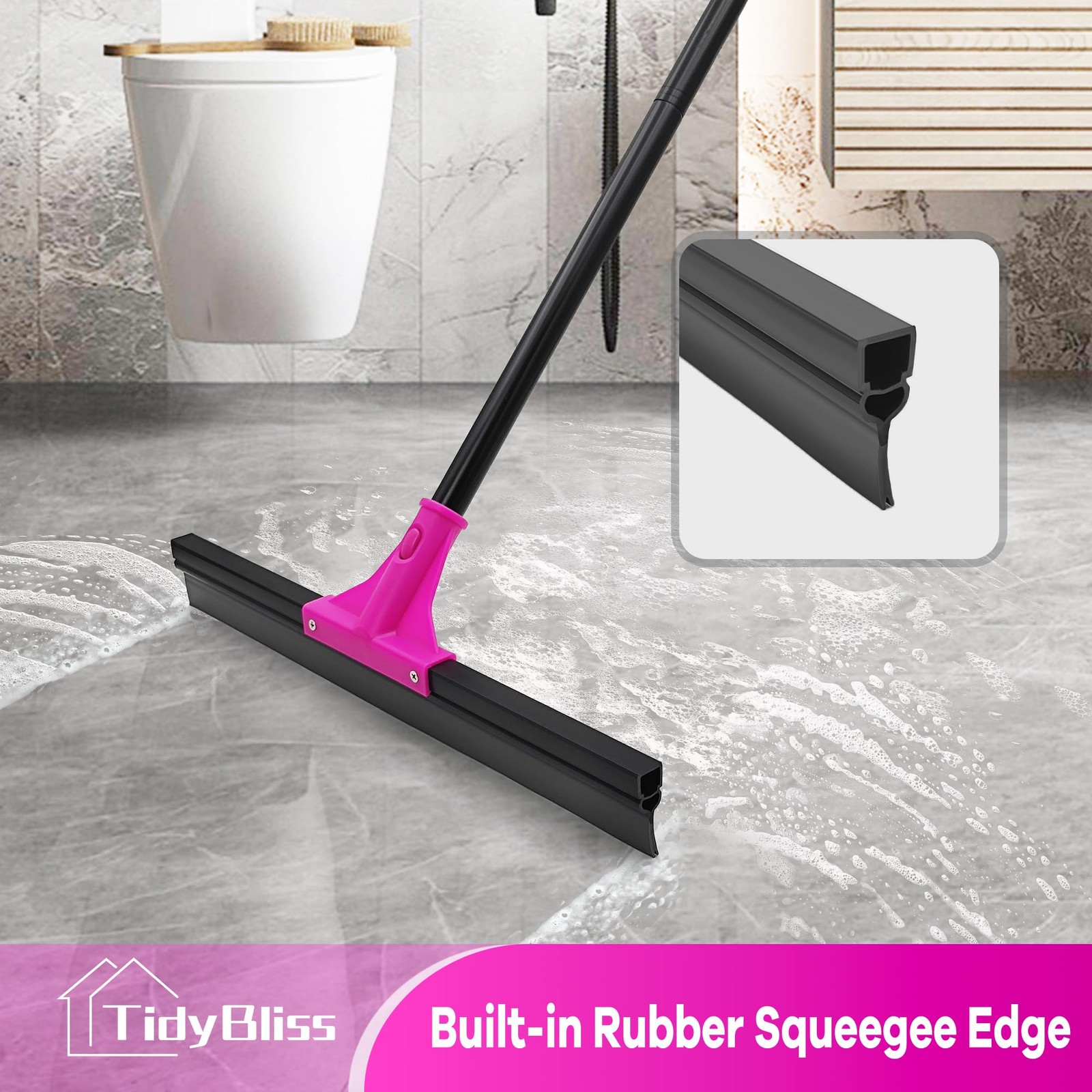 Floor Squeegee Heavy Duty with 58.3 inches Long Handle, Rubber Foam Water Scr…