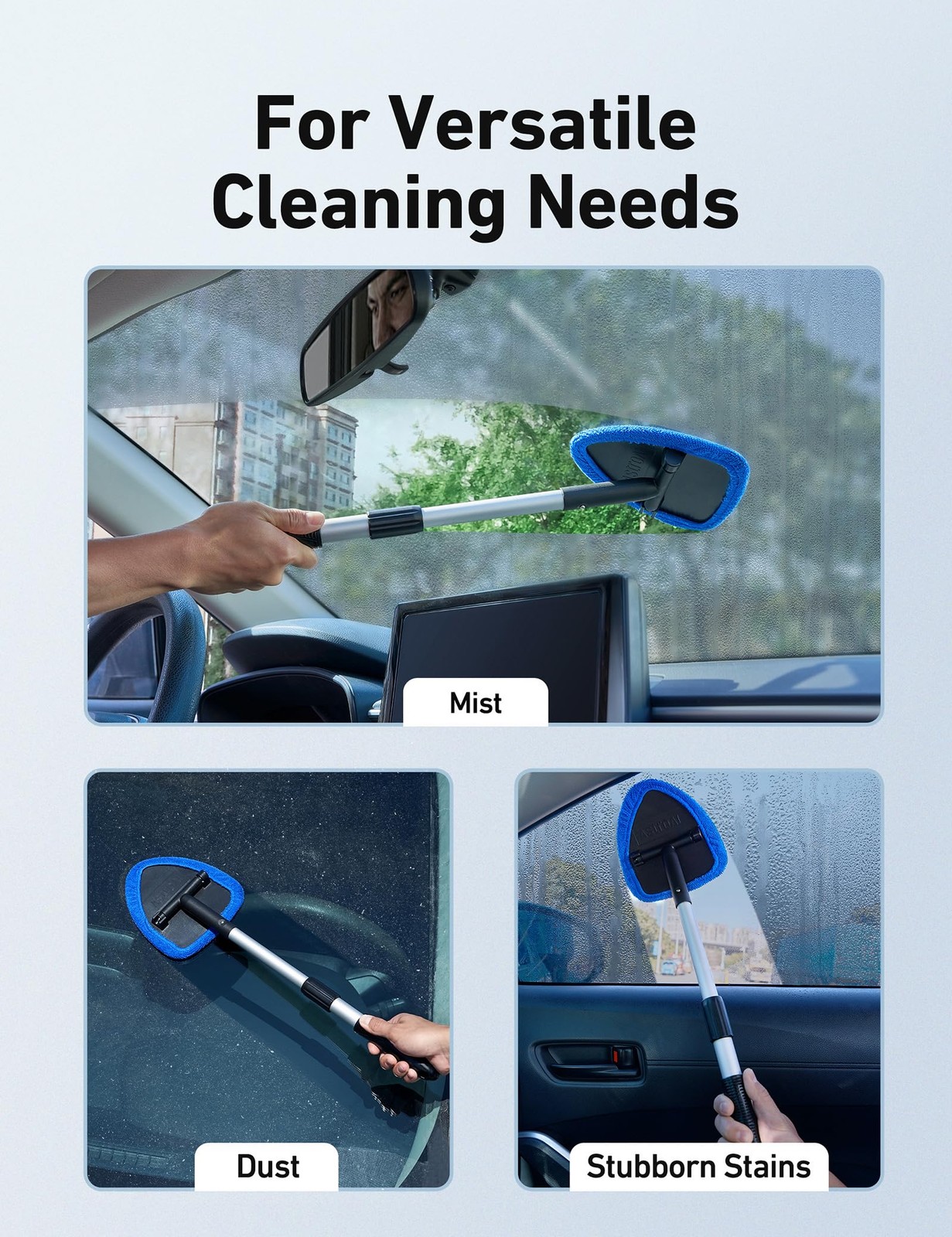 Windshield Cleaner Tool Extendable Handle Microfiber Pads Auto Glass Wiper Brush