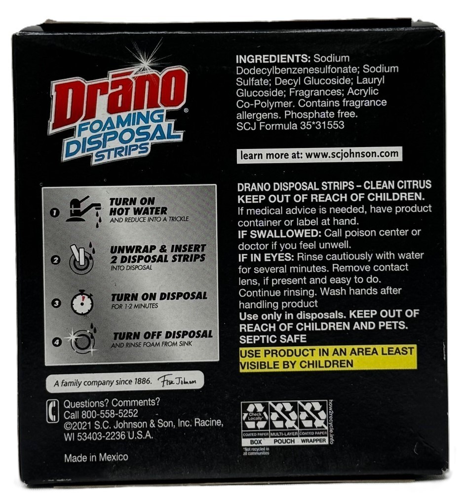 Drano Foaming Disposal Strips Clean Citrus Fragrance 8 Strips Per Box