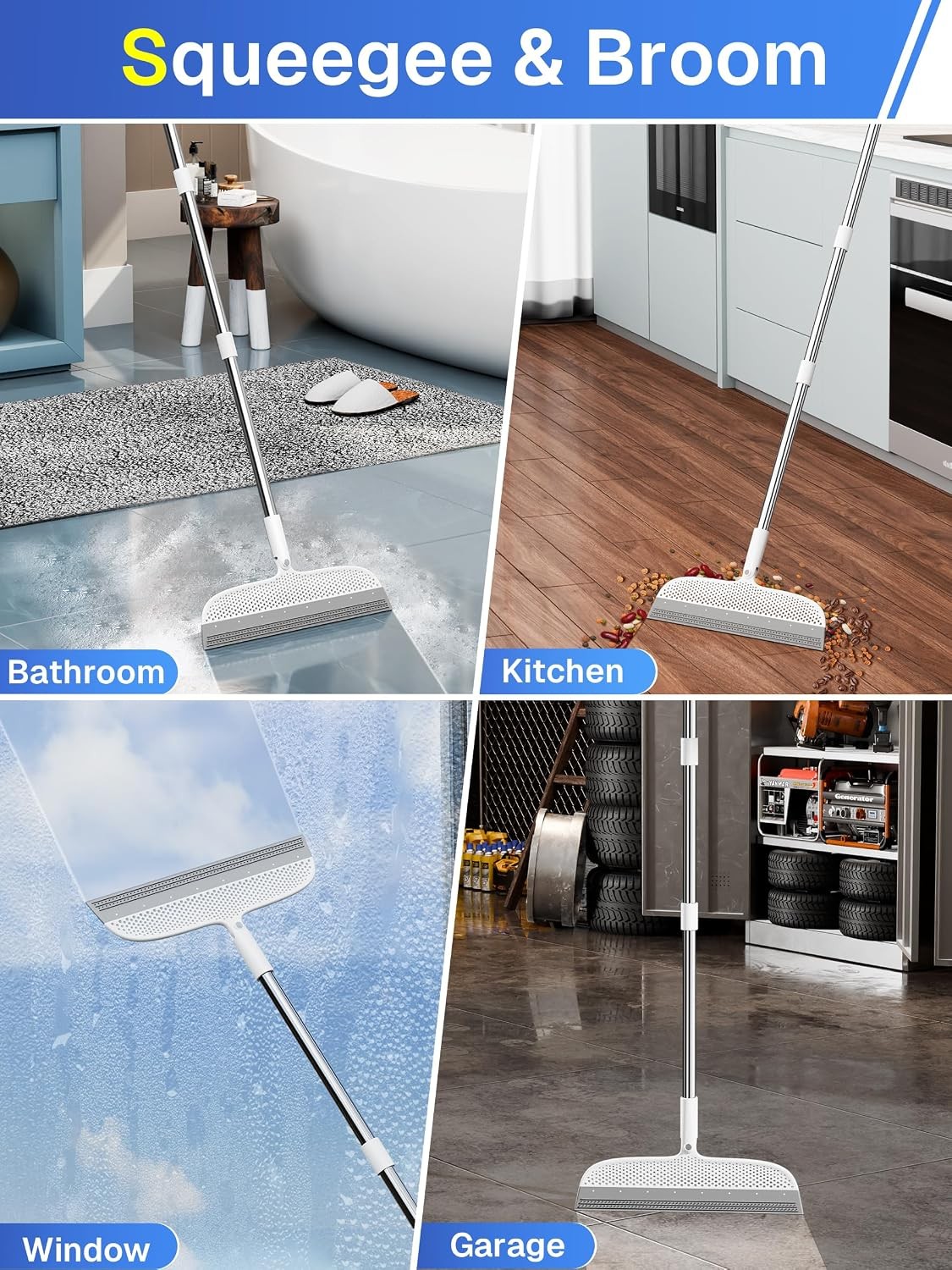 Silicone Floor Squeegee, 180° Rotating Air Broom, Squeegee for Floor with a Long