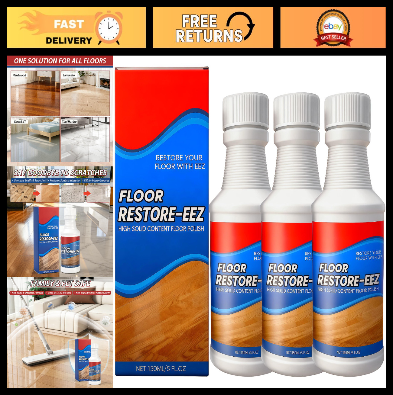 3Pcs Floor Cleaner & Polish, High Solid Shine Renewal, Quick-Drying Tile & Wood