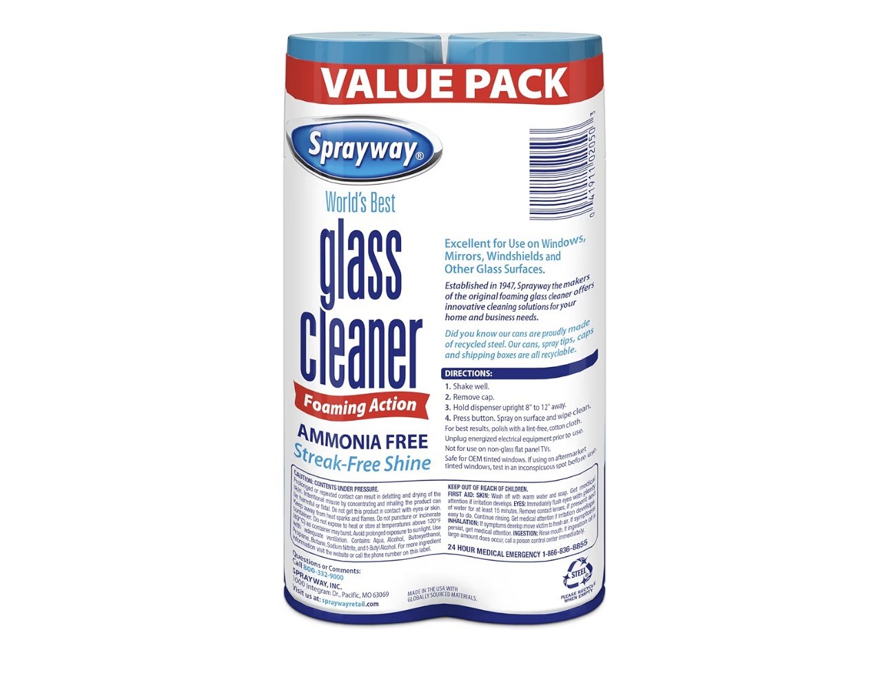 Sprayway 2 Pack Glass Cleaner Foaming Ammonia Free Streak-Free Shine 19 oz