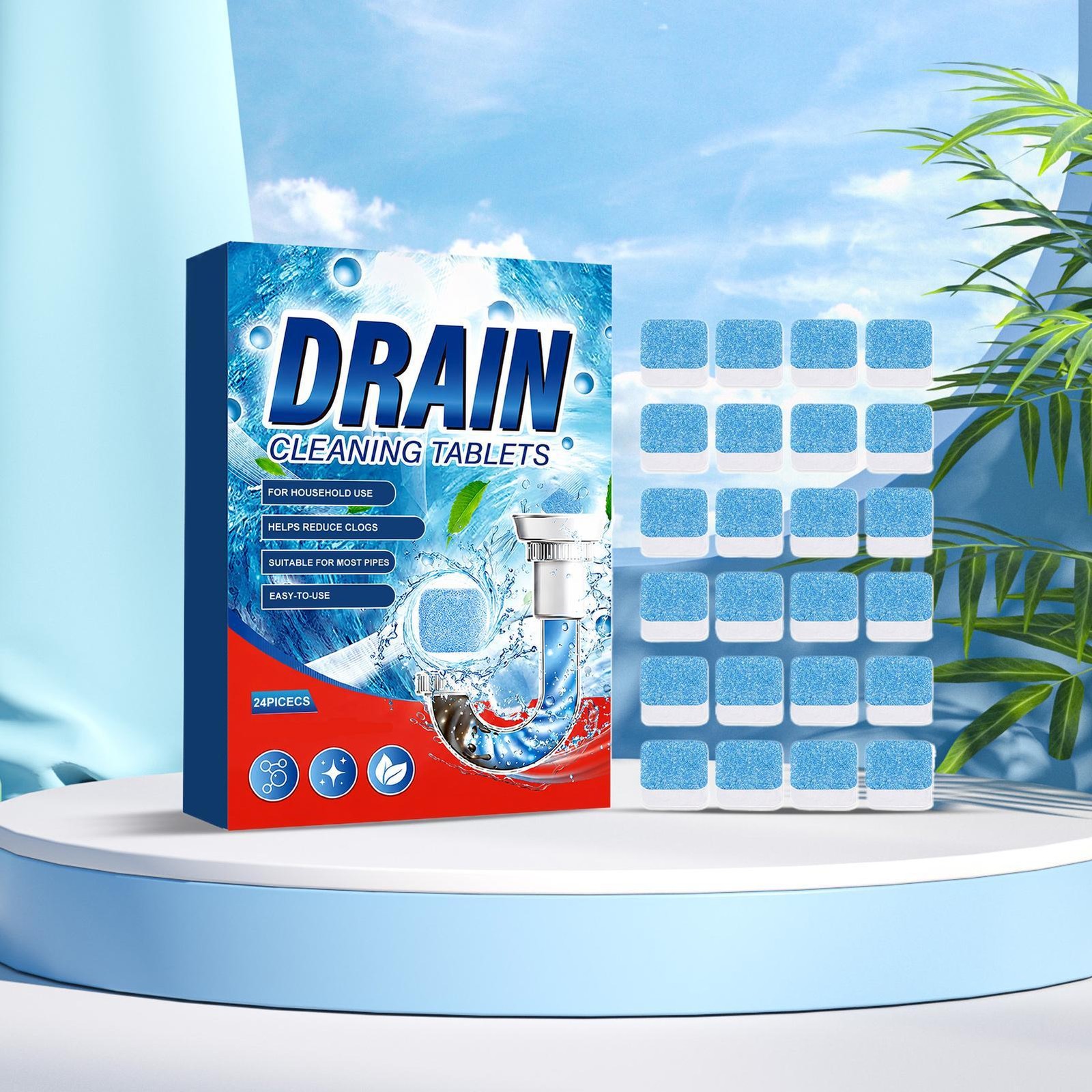 Drain Cleaner Tablets 24 Pieces Powerful Safe Prevents Clogs Household Sinks