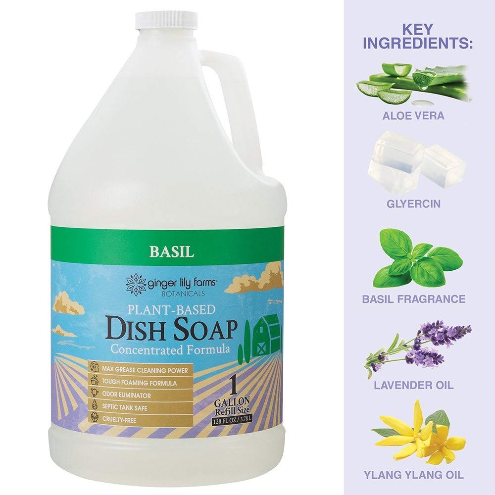 PlantBased Liquid Dish Soap Refill, Concentrated, Max Grease Power, Basil Scent
